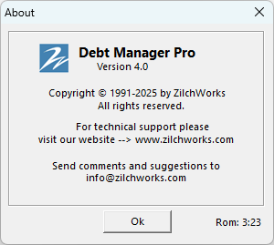 About dialog showing version information for Debt Manager Professional