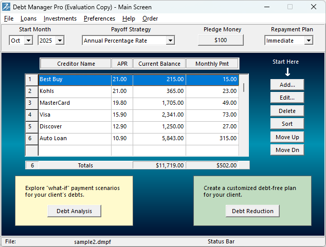Debt Manager Professional - Main Screen (Evaluation Copy)